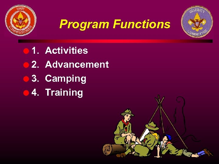 Program Functions 1. l 2. l 3. l 4. l Activities Advancement Camping Training