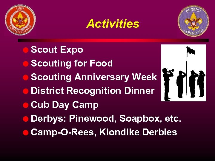 Activities Scout Expo l Scouting for Food l Scouting Anniversary Week l District Recognition
