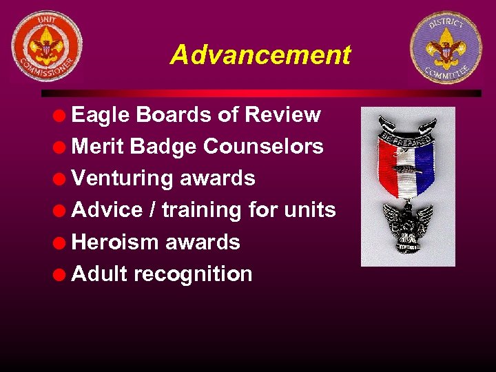 Advancement Eagle Boards of Review l Merit Badge Counselors l Venturing awards l Advice