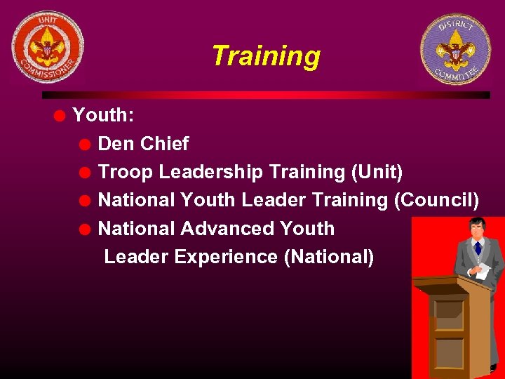 Training l Youth: l Den Chief l Troop Leadership Training (Unit) l National Youth