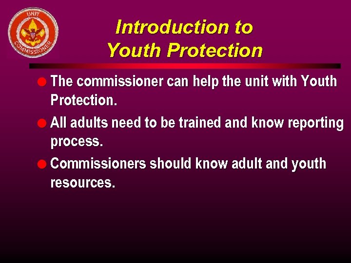 Introduction to Youth Protection l The commissioner can help the unit with Youth Protection.