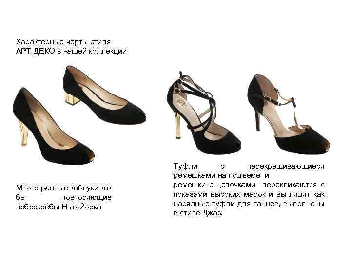 Характерные черты стиля АРТ-ДЕКО в нашей коллекции Многогранные каблуки как бы повторяющие небоскребы Нью