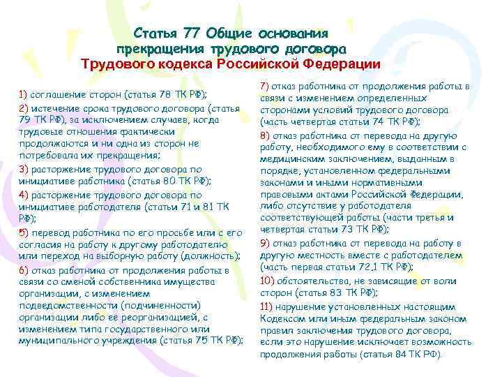 Статья 77 Общие основания прекращения трудового договора Трудового кодекса Российской Федерации 1) соглашение сторон