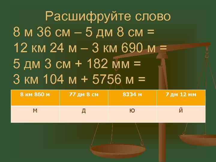 Расшифруйте слово 8 м 36 см – 5 дм 8 см = 12 км