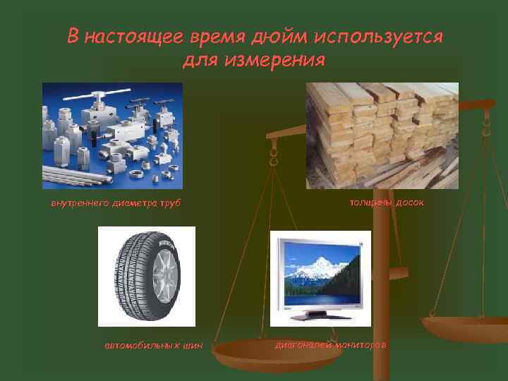 В настоящее время дюйм используется для измерения внутреннего диаметра труб автомобильных шин толщины досок