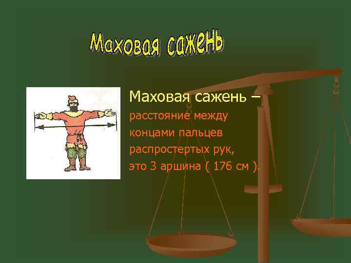 Маховая сажень – расстояние между концами пальцев распростертых рук, это 3 аршина ( 176