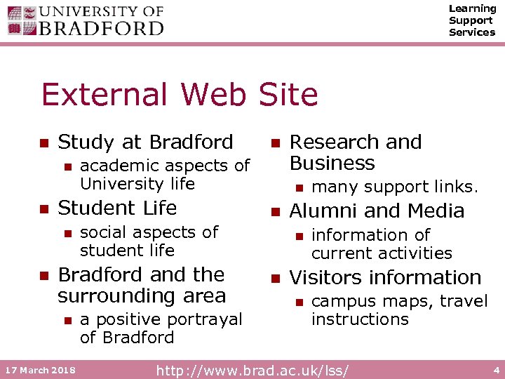 Learning Support Services External Web Site n Study at Bradford n n n academic