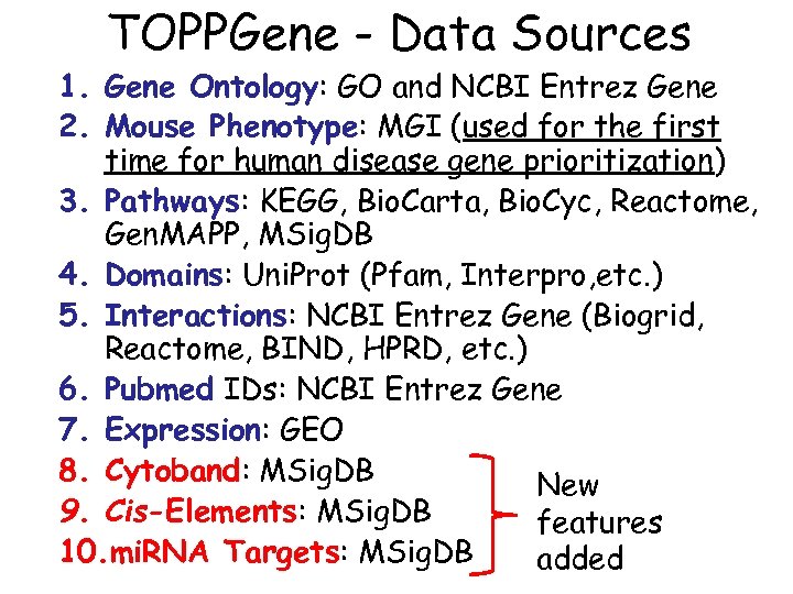 TOPPGene - Data Sources 1. Gene Ontology: GO and NCBI Entrez Gene 2. Mouse