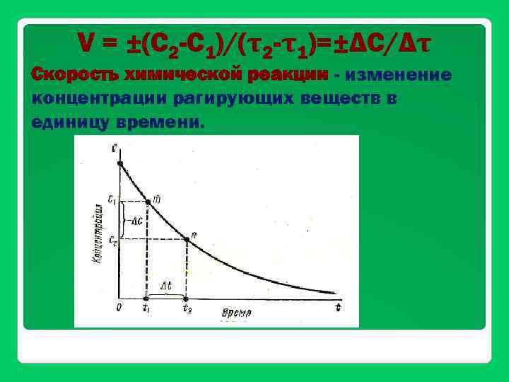 V = ±(С 2 -С 1)/(τ2 -τ1)=±ΔС/Δτ Скорость химической реакции - изменение концентрации рагирующих