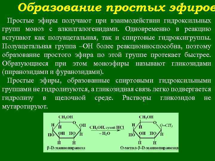 Образование простых эфиров Простые эфиры получают при взаимодействии гидроксильных групп моноз с алкилгалогенидами. Одновременно