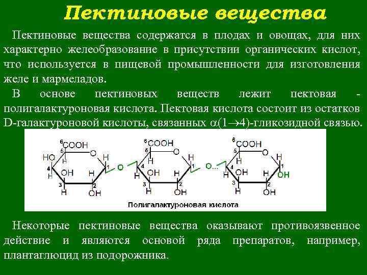 Пектиновые вещества содержатся в плодах и овощах, для них характерно желеобразование в присутствии органических