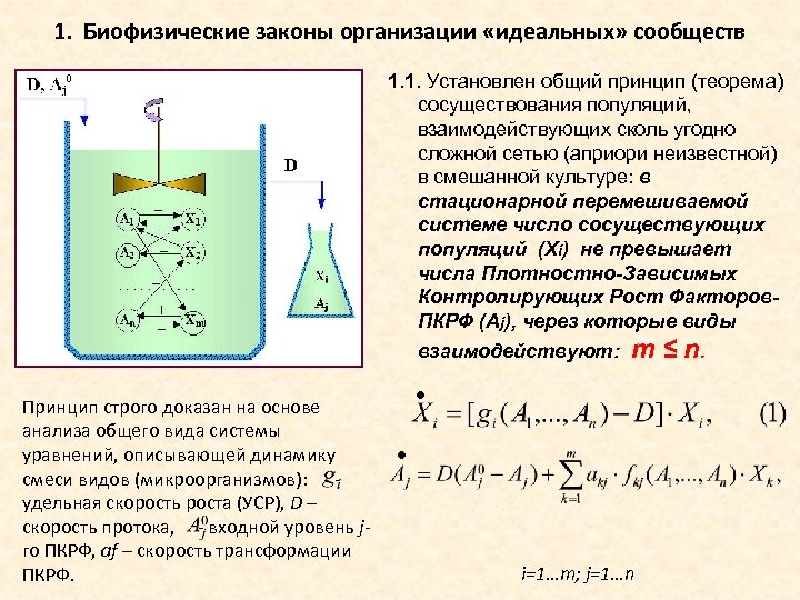 1. Биофизические законы организации «идеальных» сообществ 1. 1. Установлен общий принцип (теорема) сосуществования популяций,