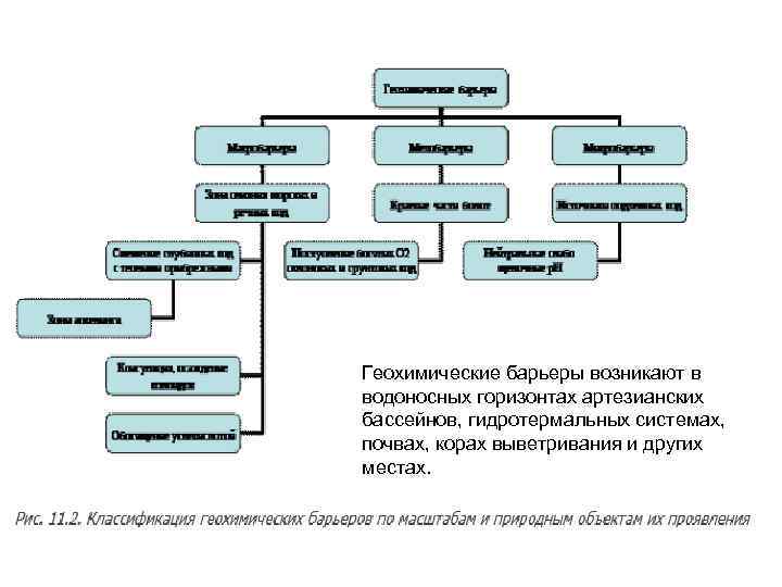 Геохимические барьеры возникают в водоносных горизонтах артезианских бассейнов, гидротермальных системах, почвах, корах выветривания и