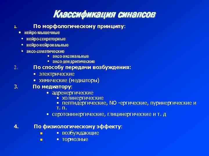 Классификация синапсов По морфологическому принципу: • нейро-мышечные • нейро-секреторные • нейро-нейрональные • аксо-соматические •