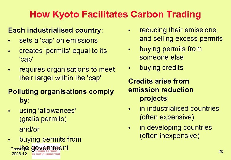 How Kyoto Facilitates Carbon Trading Each industrialised country: • sets a 'cap' on emissions