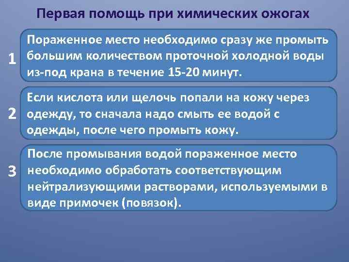 Первая помощь при химических ожогах 1 Пораженное место необходимо сразу же промыть большим количеством