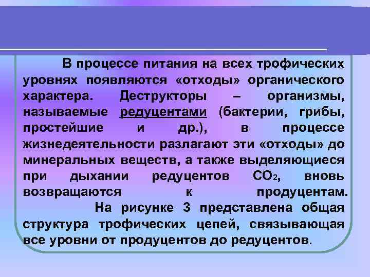 В процессе питания на всех трофических уровнях появляются «отходы» органического характера. Деструкторы – организмы,