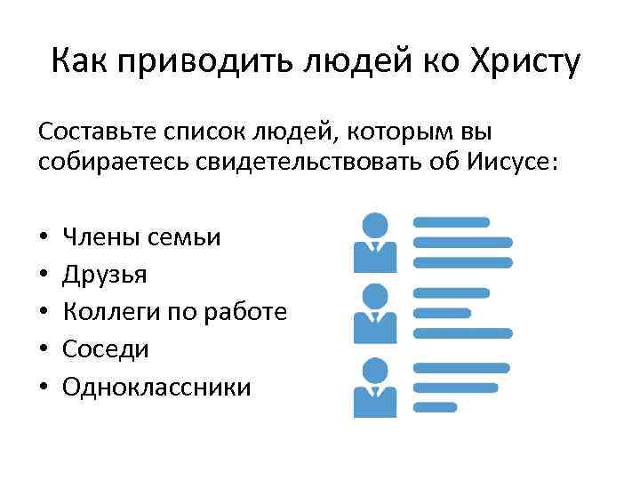Как приводить людей ко Христу Составьте список людей, которым вы собираетесь свидетельствовать об Иисусе: