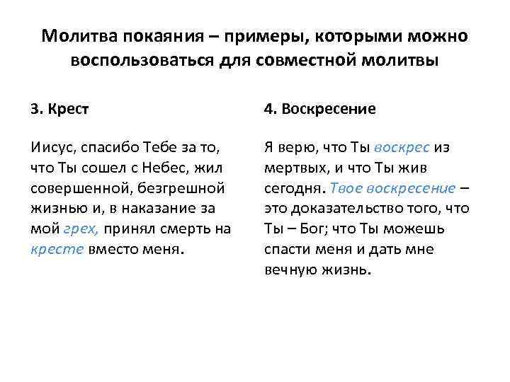 Молитва покаяния – примеры, которыми можно воспользоваться для совместной молитвы 3. Крест 4. Воскресение