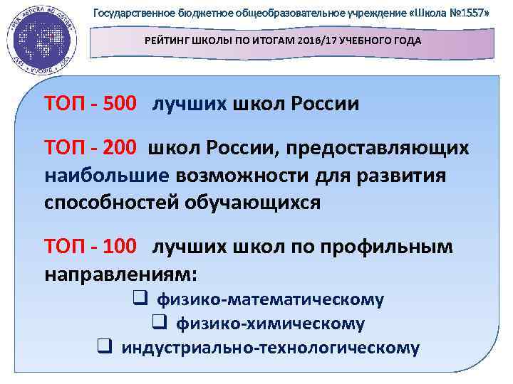 Государственное бюджетное общеобразовательное учреждение «Школа № 1557» РЕЙТИНГ ШКОЛЫ ПО ИТОГАМ 2016/17 УЧЕБНОГО ГОДА