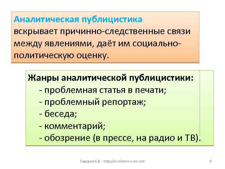 Аналитическая публицистика вскрывает причинно-следственные связи между явлениями, даёт им социальнополитическую оценку. Жанры аналитической публицистики:
