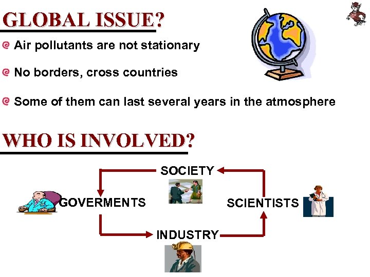 GLOBAL ISSUE? Air pollutants are not stationary No borders, cross countries Some of them