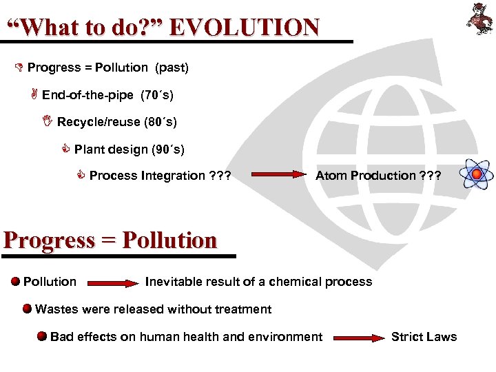 “What to do? ” EVOLUTION D Progress = Pollution (past) A End-of-the-pipe (70´s) I