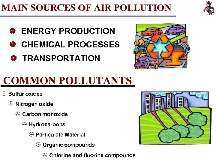 MAIN SOURCES OF AIR POLLUTION | ENERGY PRODUCTION | CHEMICAL PROCESSES | TRANSPORTATION COMMON
