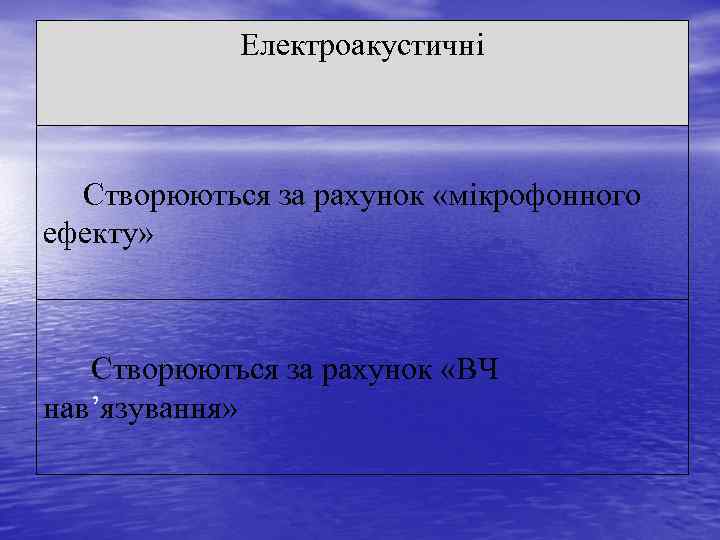 Електроакустичні Створюються за рахунок «мікрофонного ефекту» Створюються за рахунок «ВЧ нав’язування» 