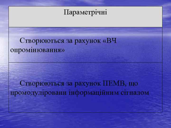 Параметрічні Створюються за рахунок «ВЧ опромінювання» Створюються за рахунок ПЕМВ, що промодуліровани інформаційним сігналом