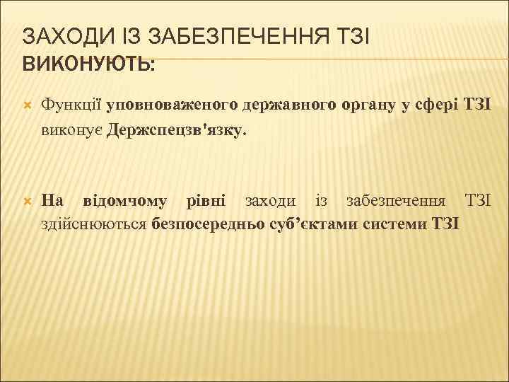 ЗАХОДИ ІЗ ЗАБЕЗПЕЧЕННЯ ТЗІ ВИКОНУЮТЬ: Функції уповноваженого державного органу у сфері ТЗІ виконує Держспецзв'язку.