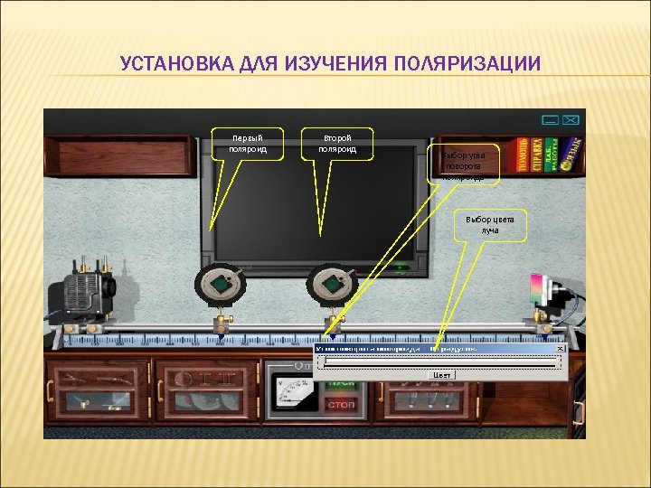 УСТАНОВКА ДЛЯ ИЗУЧЕНИЯ ПОЛЯРИЗАЦИИ Первый поляроид Второй поляроид Выбор угла поворота поляроида Выбор цвета