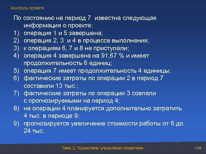 Контроль проекта По состоянию на период 7 известна следующая информация о проекте: 1) операция