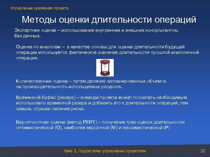 Управление временем проекта Методы оценки длительности операций Экспертная оценка – использование внутренних и внешних