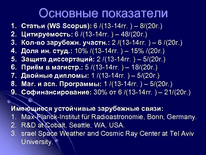 Основные показатели 1. 2. 3. 4. 5. 6. 7. 8. 9. Статьи (WS Scopus):