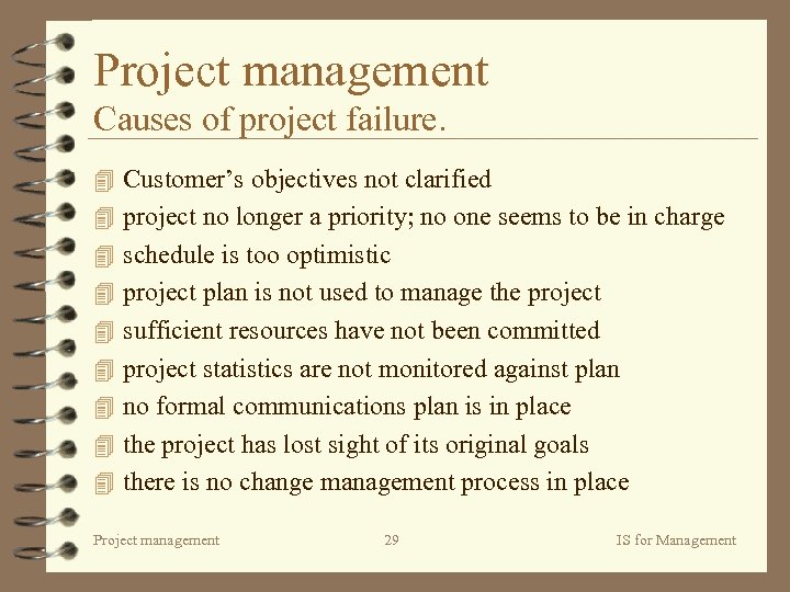 Project management Causes of project failure. 4 Customer’s objectives not clarified 4 project no