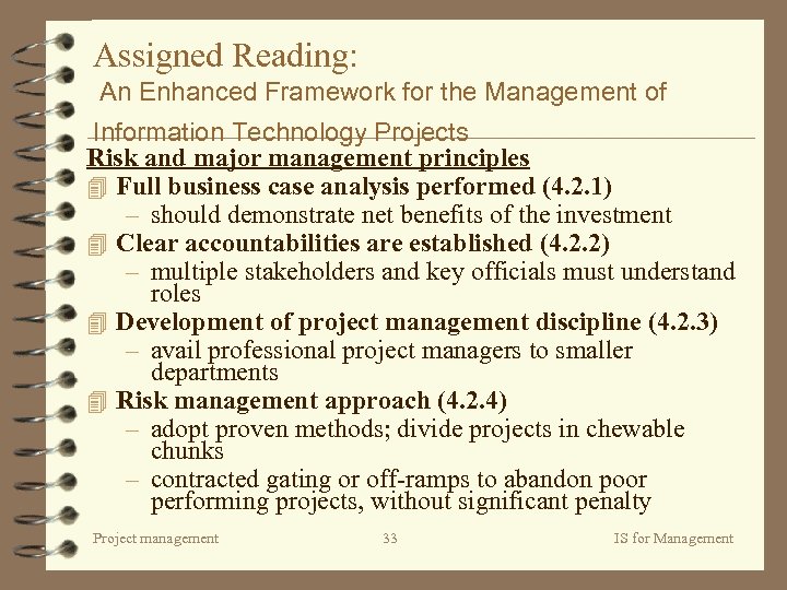 Assigned Reading: An Enhanced Framework for the Management of Information Technology Projects Risk and