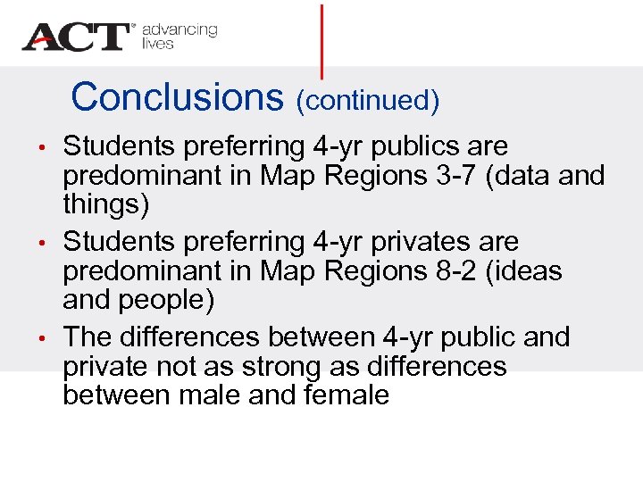 Conclusions (continued) • • • Students preferring 4 -yr publics are predominant in Map