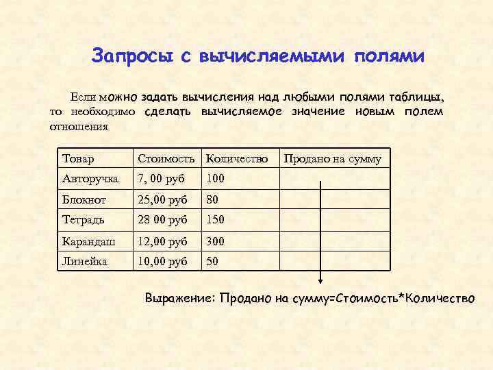 Запросы с вычисляемыми полями Если можно задать вычисления над любыми полями таблицы, то необходимо