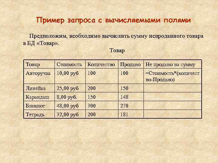 Пример запроса с вычисляемыми полями Предположим, необходимо вычислить сумму непроданного товара в БД «Товар»