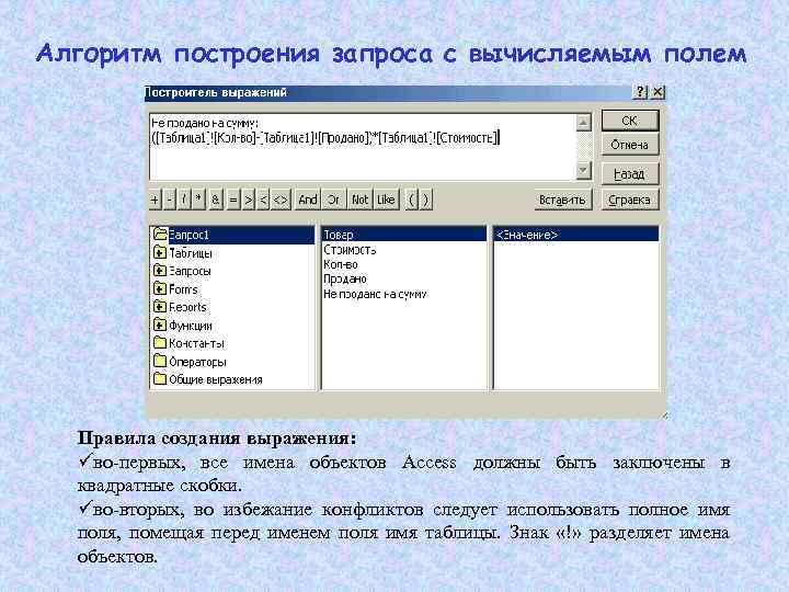 Запрос в поле. Запрос с вычисляемым полем в access. Опишите алгоритм построения вычисляемого запроса. Запрос с вычислением в access. Создание запроса с вычисляемыми полями.