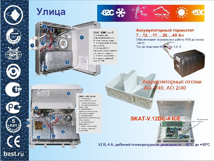 Улица Аккумуляторный термостат 7… 12…. 17…. 26…. 40 Ач Обеспечивает нормальную работу АКБ до