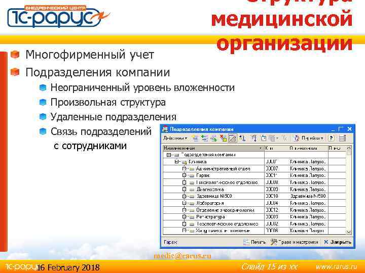 Многофирменный учет Подразделения компании Структура медицинской организации Неограниченный уровень вложенности Произвольная структура Удаленные подразделения