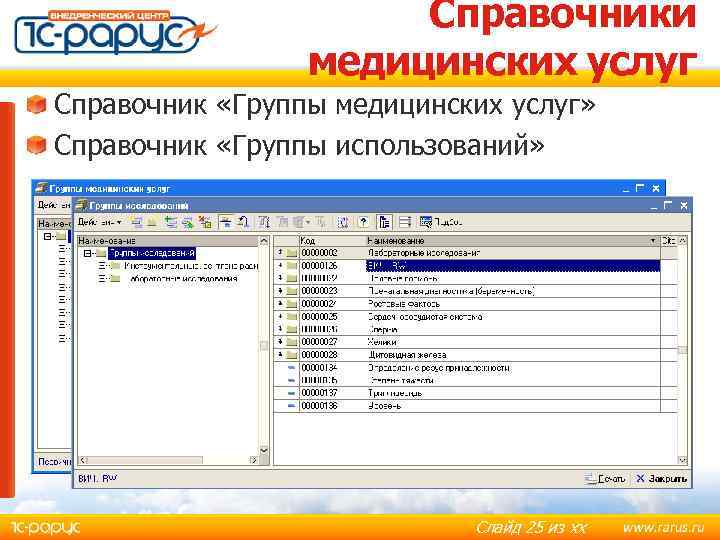 Справочники медицинских услуг Справочник «Группы медицинских услуг» Справочник «Группы использований» Слайд 25 из хх