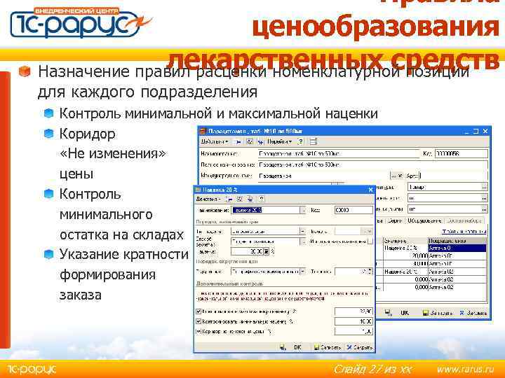 Правила ценообразования лекарственных средств Назначение правил расценки номенклатурной позиции для каждого подразделения Контроль минимальной