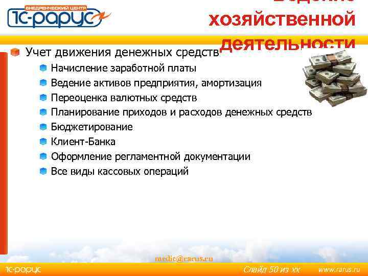 Ведение хозяйственной деятельности Учет движения денежных средств Начисление заработной платы Ведение активов предприятия, амортизация