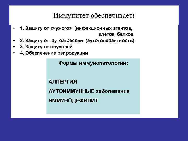 Иммунитет обеспечивает: • • 1. Защиту от «чужого» (инфекционных агентов, клеток, белков 2. Защиту