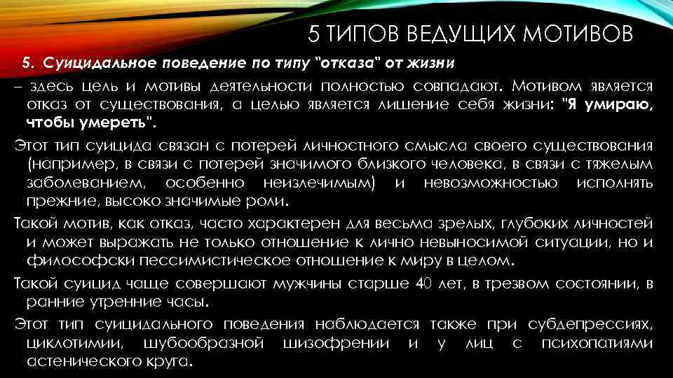 Деятельности полностью. Мотивы суицидального поведения отказ. Суицидальное поведение по типу отказа. Цель суицидальной интервенции. Отказной по суициду.