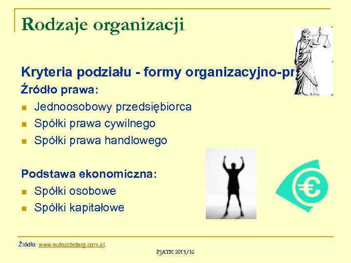Rodzaje organizacji Kryteria podziału - formy organizacyjno-prawne Źródło prawa: n Jednoosobowy przedsiębiorca n Spółki