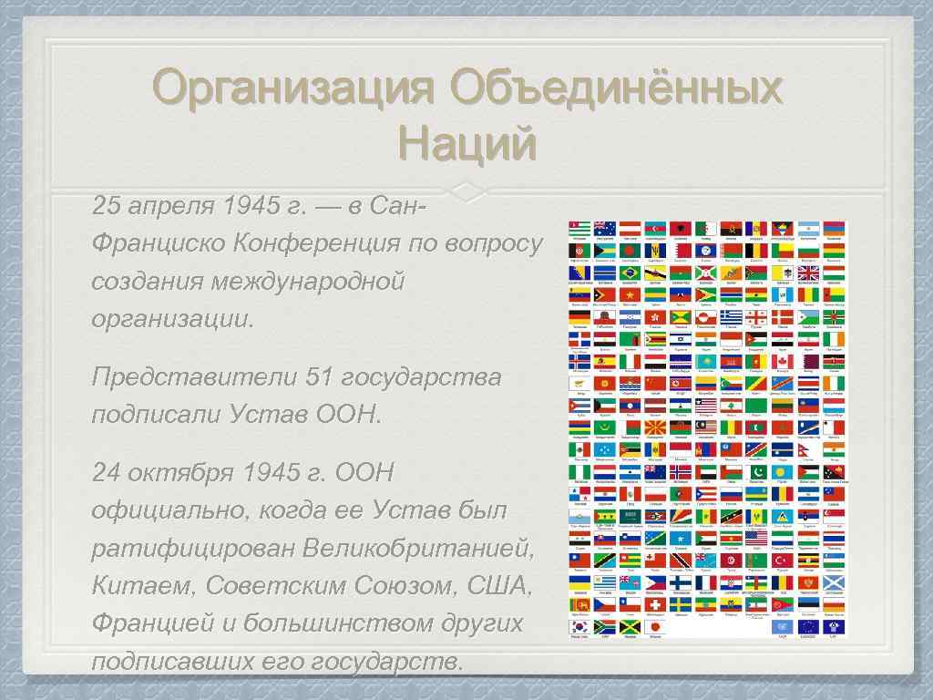 Организация Объединённых Наций 25 апреля 1945 г. — в Сан. Франциско Конференция по вопросу